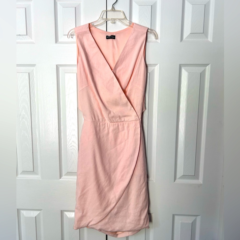 Emporio Armani Cutout Dress Linen Sleeveless V Neck Light Pink Lined Size 42